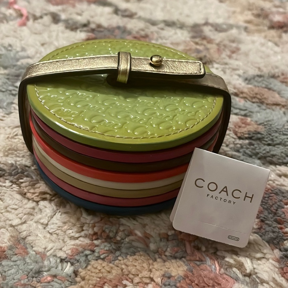Coach Multicolor Round Coaster Set with Lime Green Top and Gold Strap